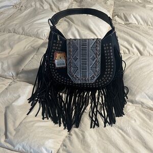 Studded Black and Gray Fringe Shoulder Bag